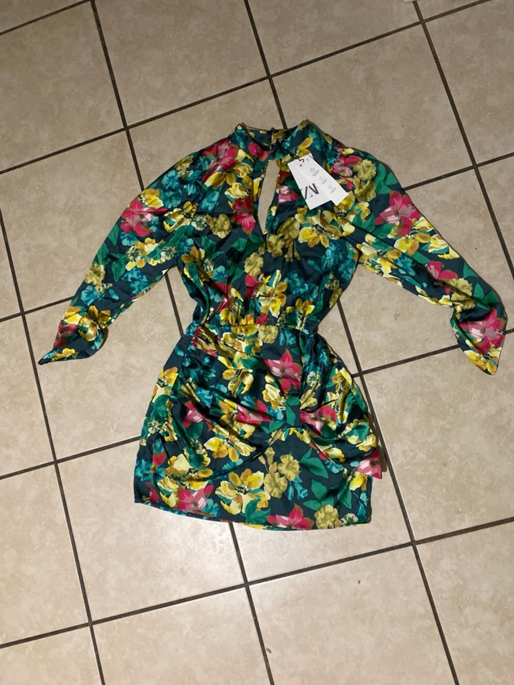 Zara Teal Floral Long-Sleeve Mini Dress with Yellow & Pink Flowers